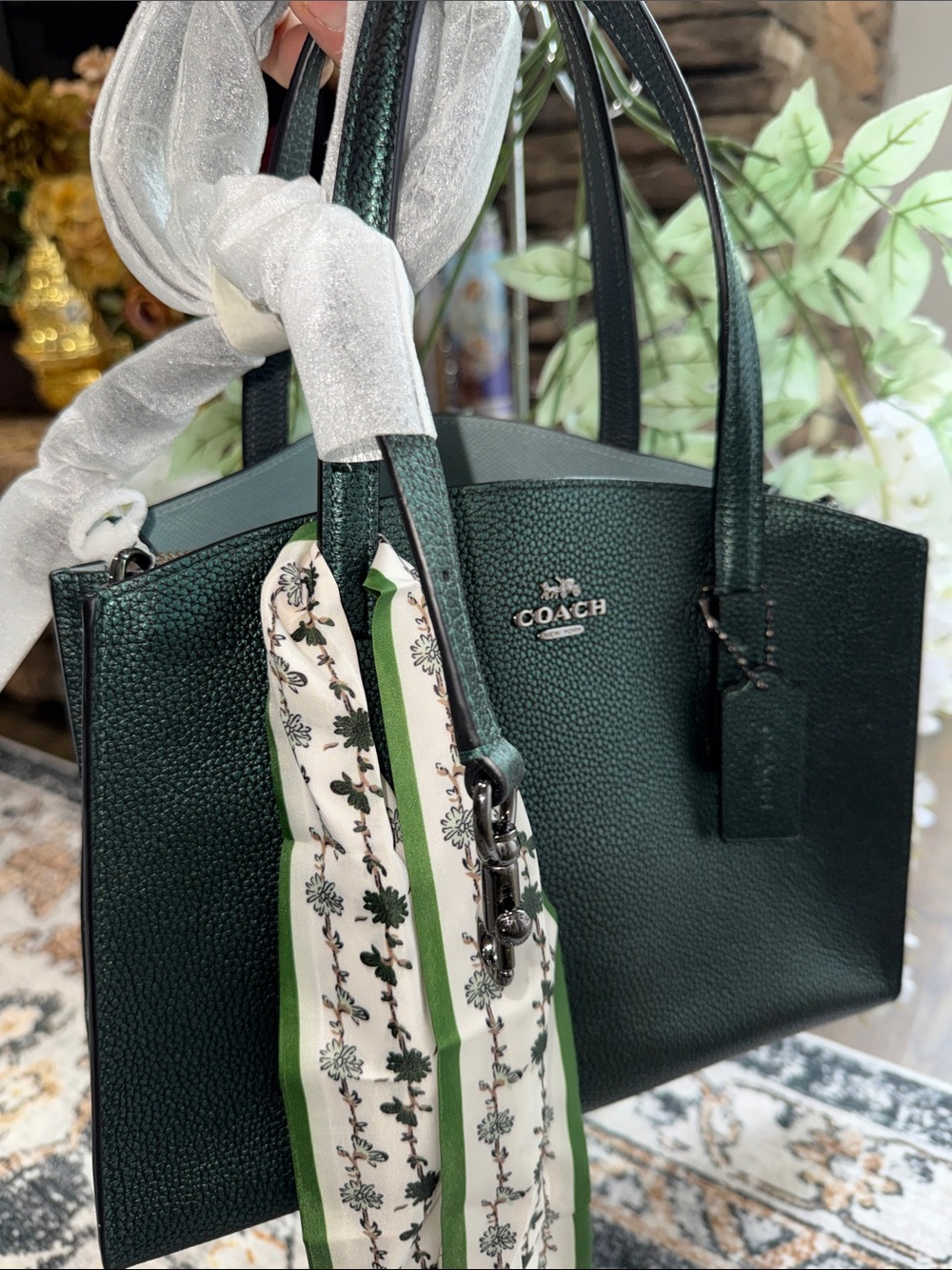 Coach Dark Green Pebbled Leather Tote with Floral Scarf